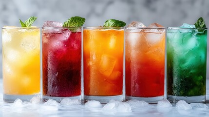 A colorful collection of icy beverages sits attractively on a table, showcasing vibrant colors and textures, ideal for enticing guests at social gatherings and summer occasions.