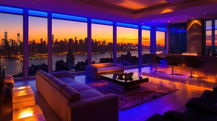 Chic penthouse lounge with stunning panoramic city view at sunset, modern decor, and soft, dramatic lighting setting an elegant mood.