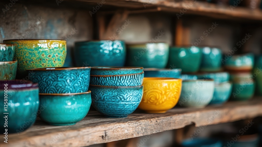 Aufkleber an artistic display of colorful pottery in various shapes and sizes, highlighting the craftsmanship 