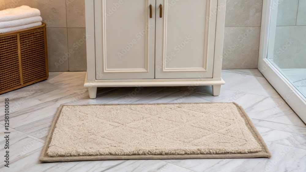 Aufkleber medium closeup of a bathroom rug set in front of a small standing cabinet with a unique shape combin