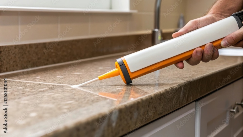Poster medium closeup of a caulking gun applying a bead of sealant along the edge of the countertop ensurin