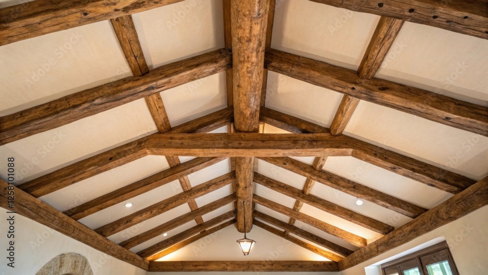 Poster Medium closeup of a ceiling with uneven beams showcasing an organic layout that adds character and charm to the room inviting a sense of homey warmth.