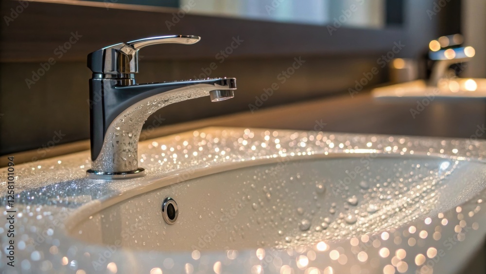 Poster medium closeup of a chic bathroom sink featuring a touchless faucet with water droplets sparkling un