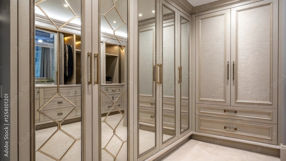 Fototapete medium closeup of a corner of the closet featuring a mix of mirrored doors and elegant cabinetry cre