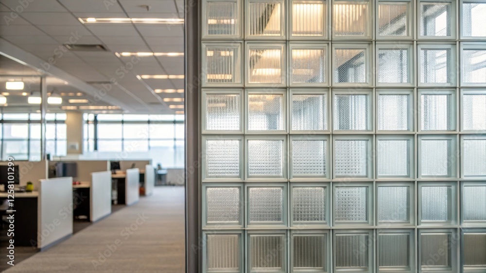 Poster Medium closeup of a glass block partition in an office space capturing the balance of privacy and openness as diffused light creates a productive atmosphere.