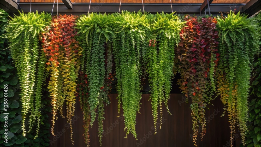 Poster medium closeup of a hanging vertical garden structure featuring a variety of foliage showcasing the 