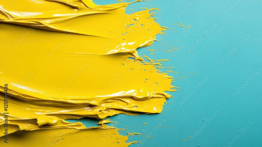 Poster an energetic texture of yellow paint flowing over a turquoise surface, presenting a lively display o
