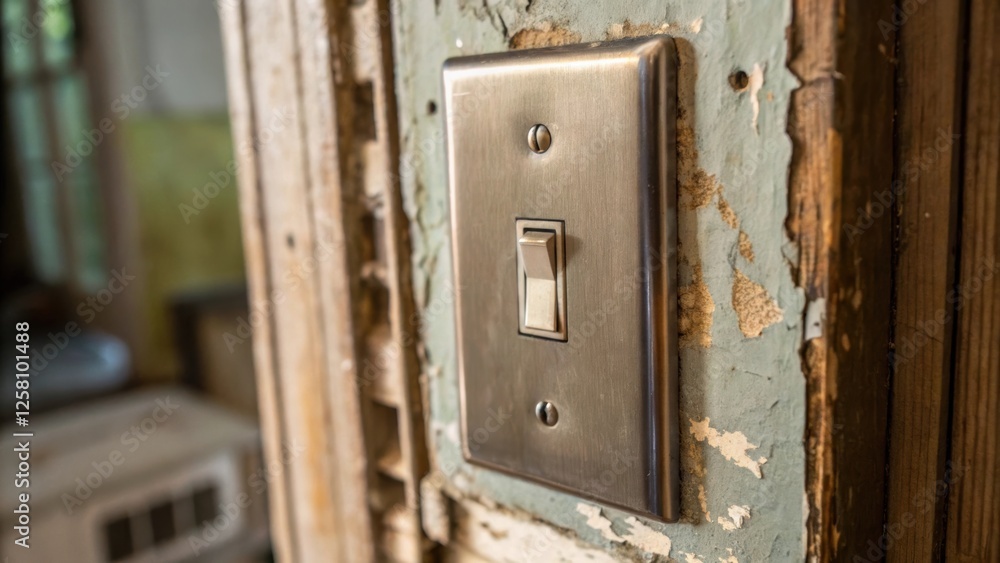 Poster medium closeup of a light switch being rep highlighting the brushed nickel plate in the foreground w