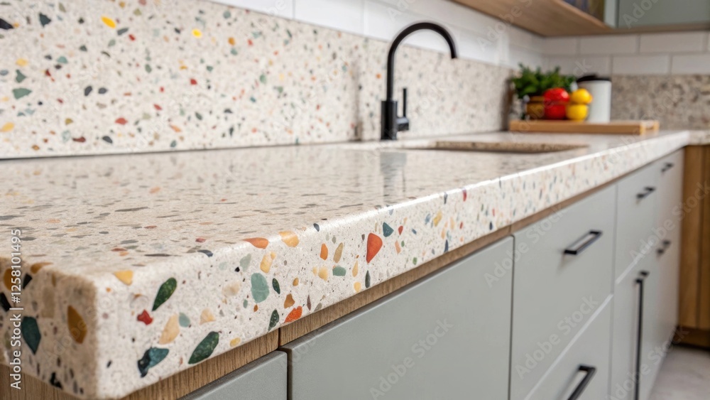 Poster medium closeup of a kitchen scene where the terrazzo countertop seamlessly transitions to the backsp