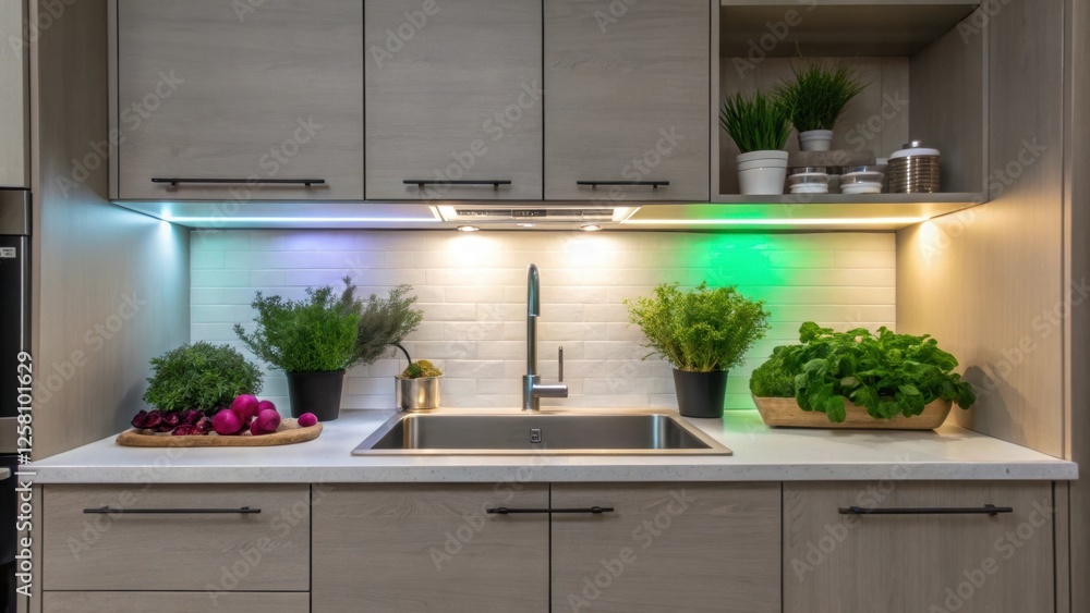 Poster medium closeup of a modern kitchen sink area with colorchanging leds under the cabinets illuminating
