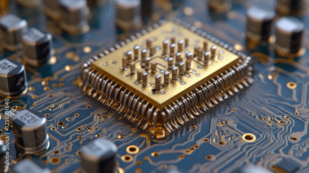 Poster close-up of a gold microchip on a circuit board, highlighting intricate electronic connections and c