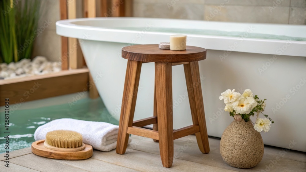 Poster medium closeup of an elegant wooden stool beside a freestanding tub displaying a few curated spa ess