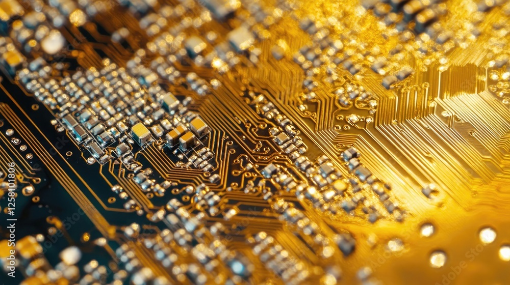 Poster close-up of a gold microchip on a circuit board, highlighting intricate electronic connections and c