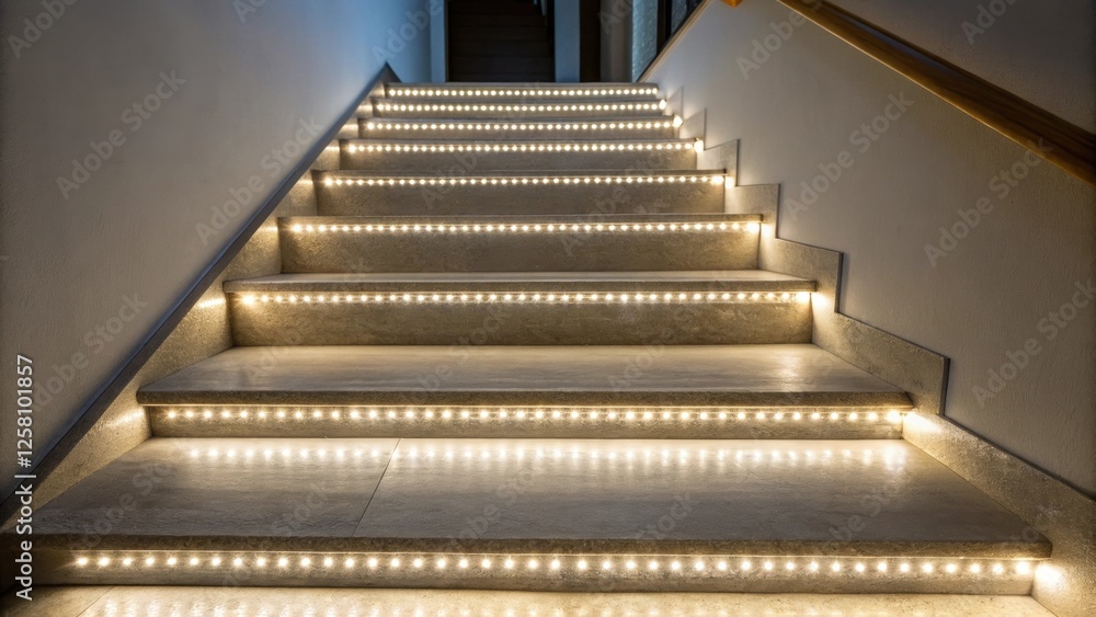 Poster Medium closeup of an LED strip extending around a stair landing providing a beacon of light to signal the transition between different floor levels.