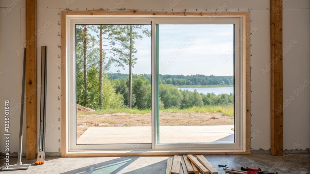 Poster medium closeup of a partially installed sliding glass door revealing the view beyond and showcasing 