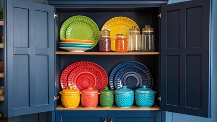 Medium closeup of an open cabinet displaying colorful kitchenware against a contrasting dark blue cabinet emphasizing decorative plates and glass jars.