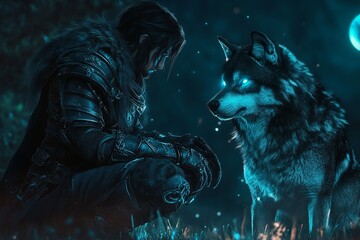 Fototapeta premium A fierce warrior stands beside a wild wolf, both exuding strength and loyalty. The scene is set in a misty, mysterious landscape.