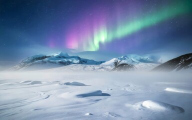 Naklejka premium Aurora Borealis Over Snowy Mountains: A breathtaking display of the aurora borealis paints the night sky with vibrant colors above a majestic snow-covered mountain range.