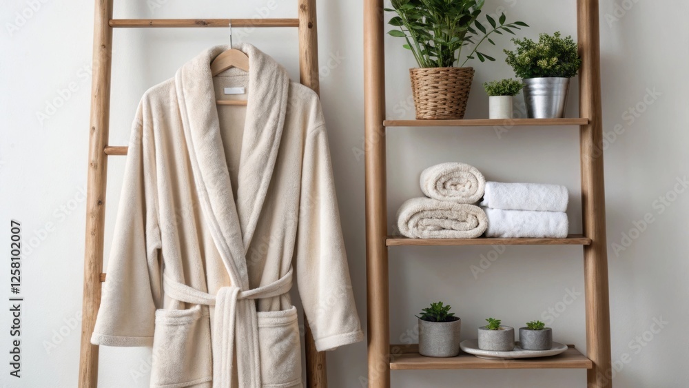 Poster medium closeup of a plush bathrobe draped over a modern ladder shelf which holds neatly rolled towel