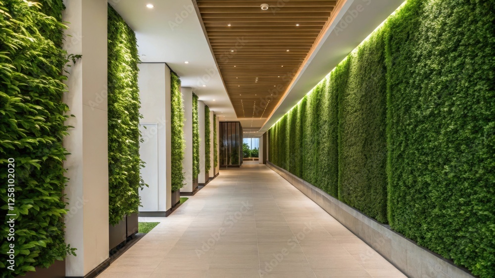 Poster medium closeup of a serene indoor pathway flanked by two vertical green walls showcasing a peaceful 