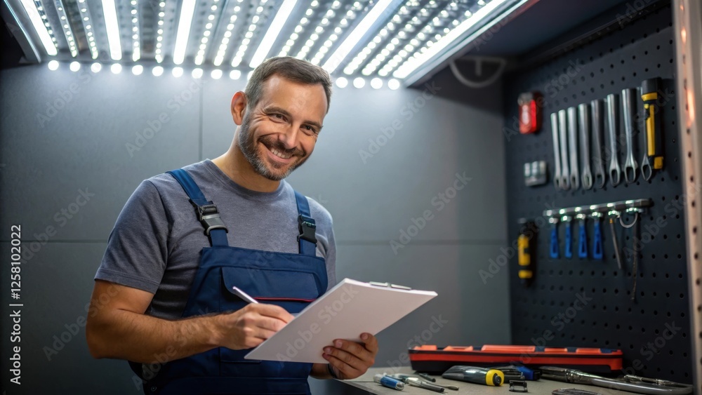 Leinwandbilder medium closeup of a smiling technician reviewing an installation checklist surrounded by tools and t