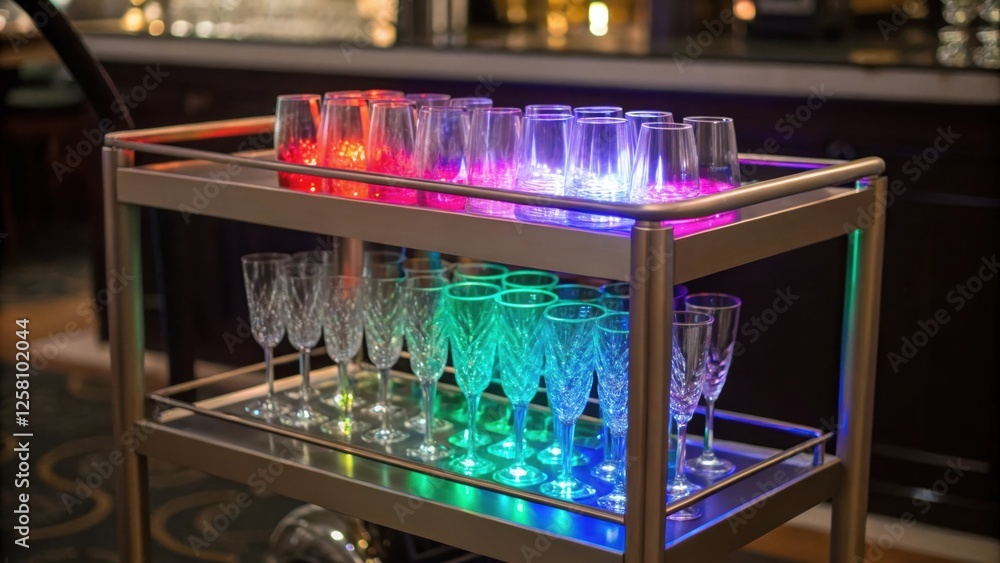 Aufkleber Medium closeup of a stylish bar cart with integrated colorchanging LEDs where glasses sparkle under shifting lights creating an inviting space for entertaining.