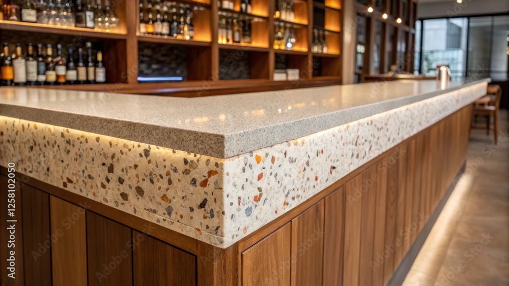 Poster medium closeup of a stylish bar area with a terrazzo countertop highlighting the edge profile and th