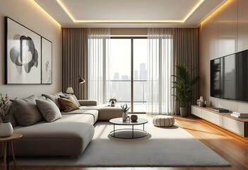 Fototapeta premium Modern apartment living room, city view, sunlight, relaxing atmosphere, interior design