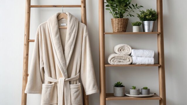 Medium closeup of a plush bathrobe draped over a modern ladder shelf which holds neatly rolled towels and small potted herbs enhancing the serene ambiance.