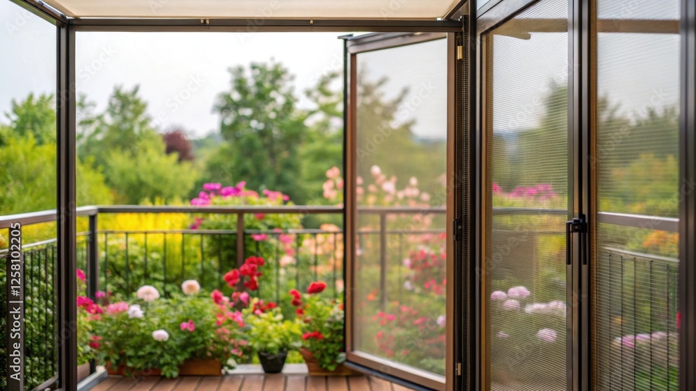 Poster Medium closeup of a vibrant balcony garden with partially retracted glass panels framing the view allowing light to filter through while keeping the open feel of the space.