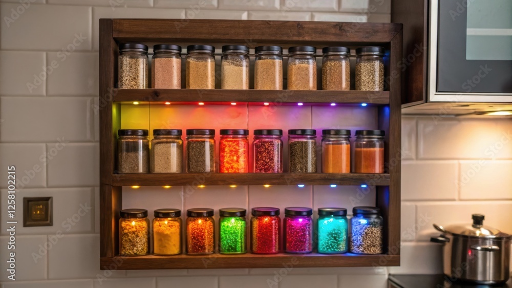 Poster Medium closeup of a wallmounted e rack with LED underlights highlighting the jars contents in vibrant hues adding a decorative element to the kitchen space.