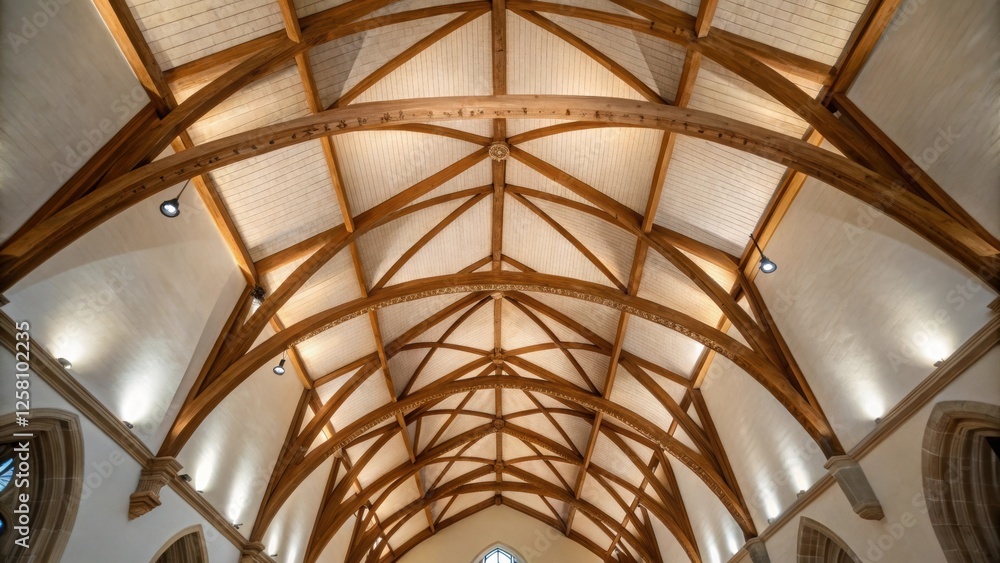 Poster Medium closeup of a vaulted ceiling with exposed beams creating a sense of spaciousness and drawing the eye upward to appreciate the structural beauty.