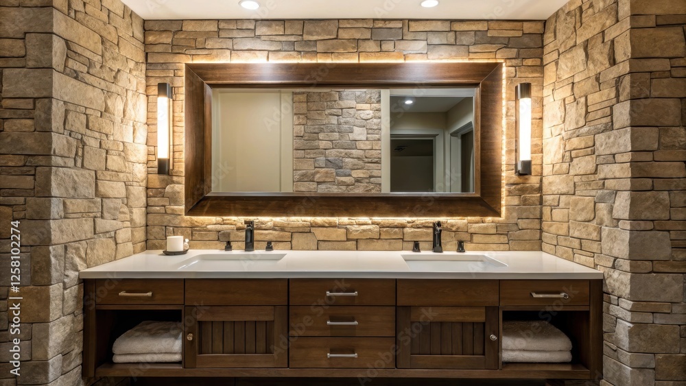 Poster Medium closeup of a welllit vanity area where a stone backdrop frames the mirror its texture complementing sleek modern fixtures and creating a seamless blend of contemporary and