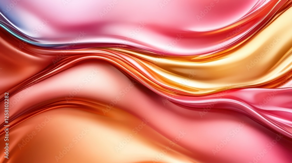 Poster an abstract display of vibrant multicolored satin fabric that cascades with fluid waves, capturing a