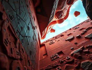 A low-angle perspective image, featuring warm terracotta and cool teal colors, looking up at a dramatic scene of math and science. The image should feature earthy and cool color contrast, with sharp d