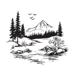 Old mount black ink pen outline hand drawn oak fall hill dale slope road path way scene picture 