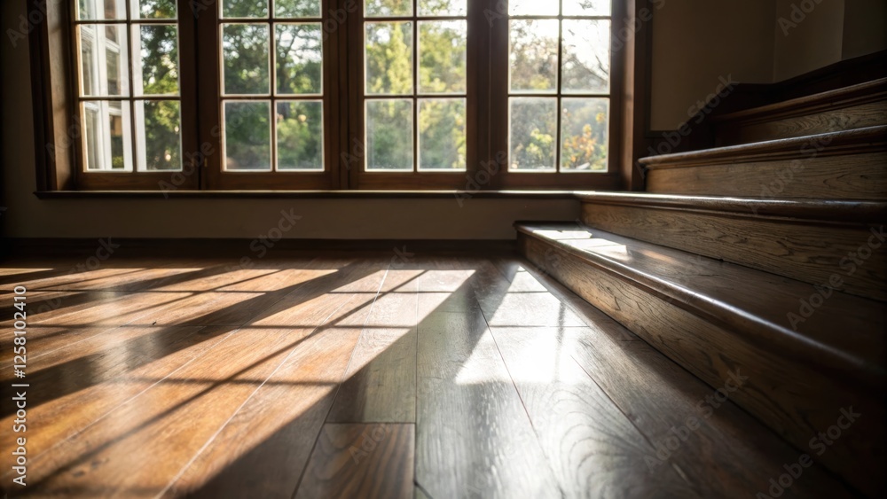 Poster Medium closeup of natural light streaming through a wide window highlighting the floating steps shadow patterns on a polished wooden floor.