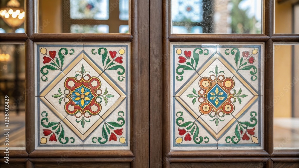 Poster medium closeup of decorative tiles area framed by elegant glass panels highlighting the visual conne