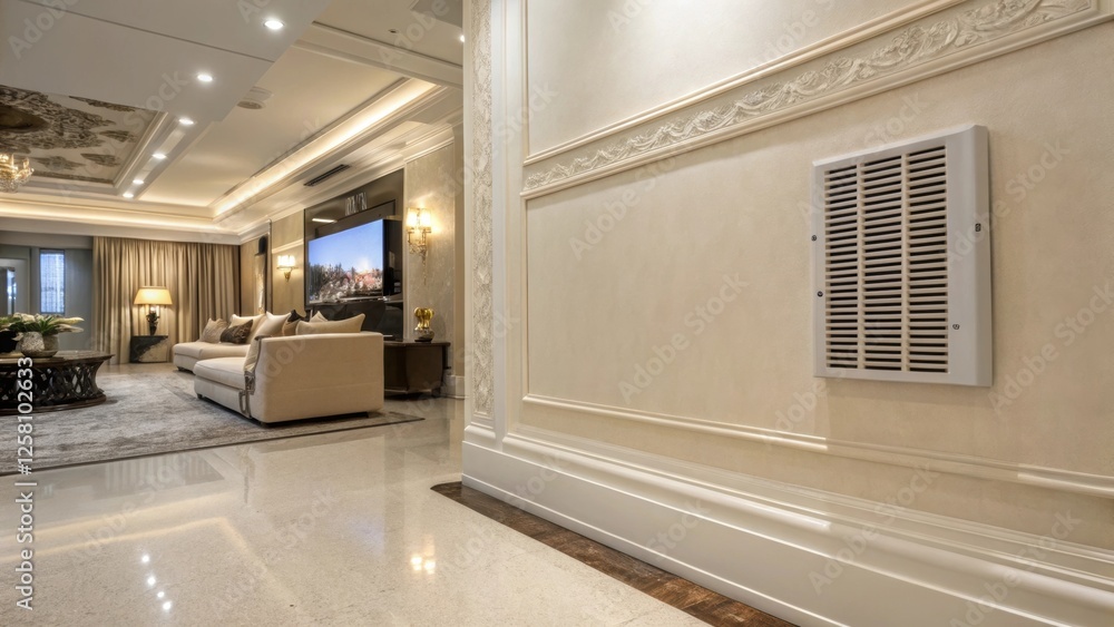 Poster medium closeup view of a luxurious living space with a nearly invisible recessed air vent on the wal