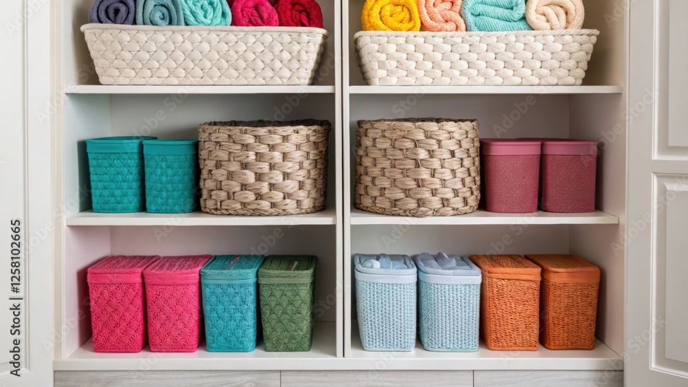 Poster organized shelves filled with decorative baskets containing laundry supplies with a focus on texture