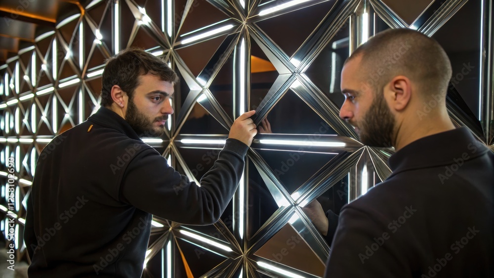 Poster the installers concentrated expression as they carefully adjust the positioning of a mirrored wall p
