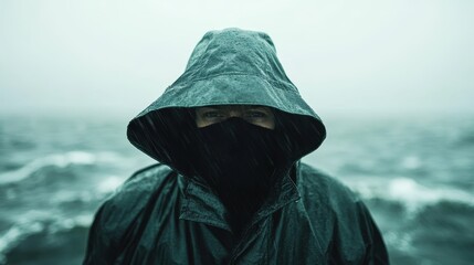 A solitary figure in a raincoat stands amidst a storm, revealing resilience and determination against nature’s wrath in a cinematic marine landscape.
