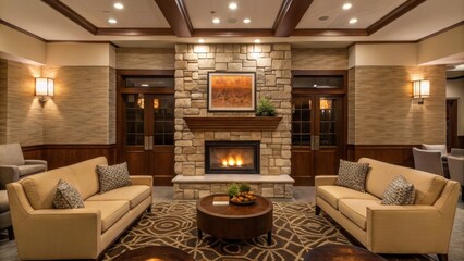  the entertaining area is anchored by a cozy fireplace that enhances the communal feel.