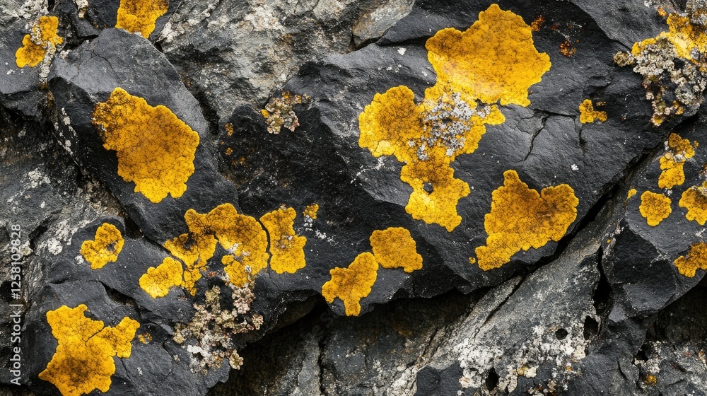 Poster Close-up of a rugged rock surface with unique yellow and black patterns, showcasing the natural beauty and textures of stone in an abstract and intriguing view.