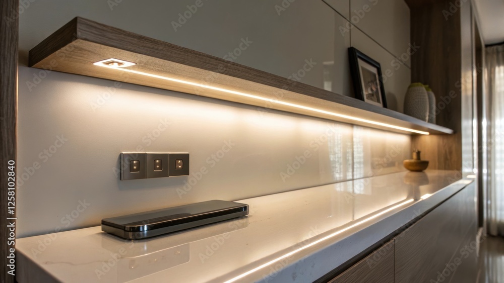 Aufkleber The reflection of ambient light on the smooth surface of a shelf capturing the sleek aesthetics of the installed fixture against the wall.