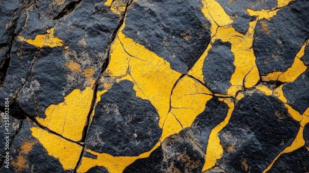 Poster Close-up of a rugged rock surface with unique yellow and black patterns, showcasing the natural beauty and textures of stone in an abstract and intriguing view.