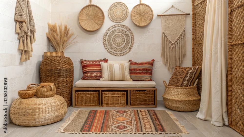 Poster the woven texture adds a bohemian flair to the compact area.