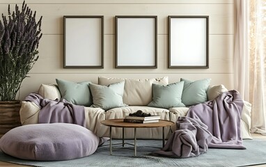 Cozy living room interior design, lavender, sofa, calm background, home decor mockup
