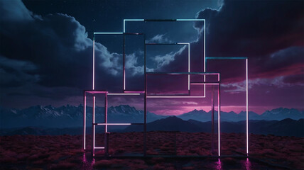 Mystical Night Scene – Glowing Neon Square with Stormy Clouds & Peaks