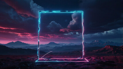 Futuristic Neon Landscape – Mountains, Clouds & Geometric Light Frame